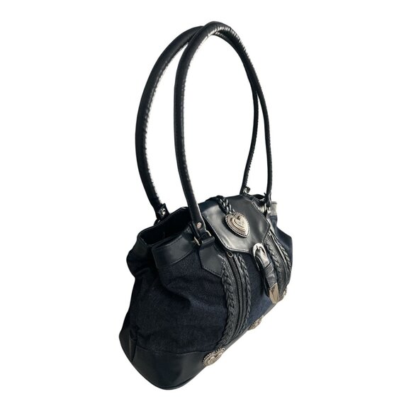 VTG Western-Inspired Dark Navy Blue Denim & Faux Leather Handbag - Picture 3 of 7
